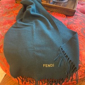 Stunning authentic Fendi wool scarf.  Dark green w/gold embroidered FENDI logo.